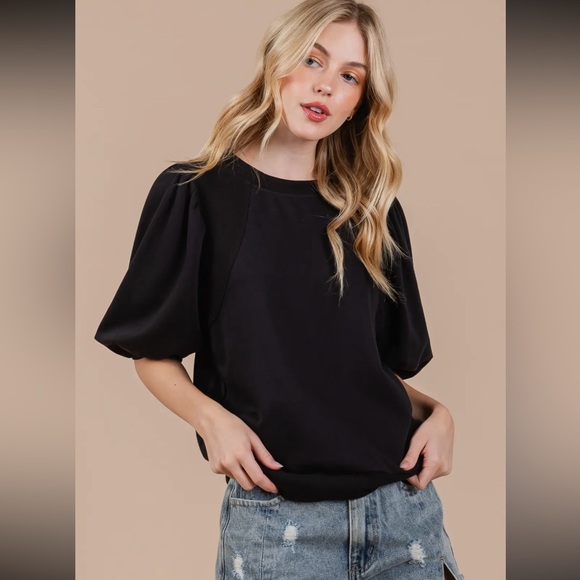 Boho Solid Contrast Puffed Sleeve Top - Picture 1 of 6